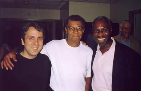 Photo of Harry Miller with Jack DeJohnette and Jerome Harris backstage at Carnegie Hall